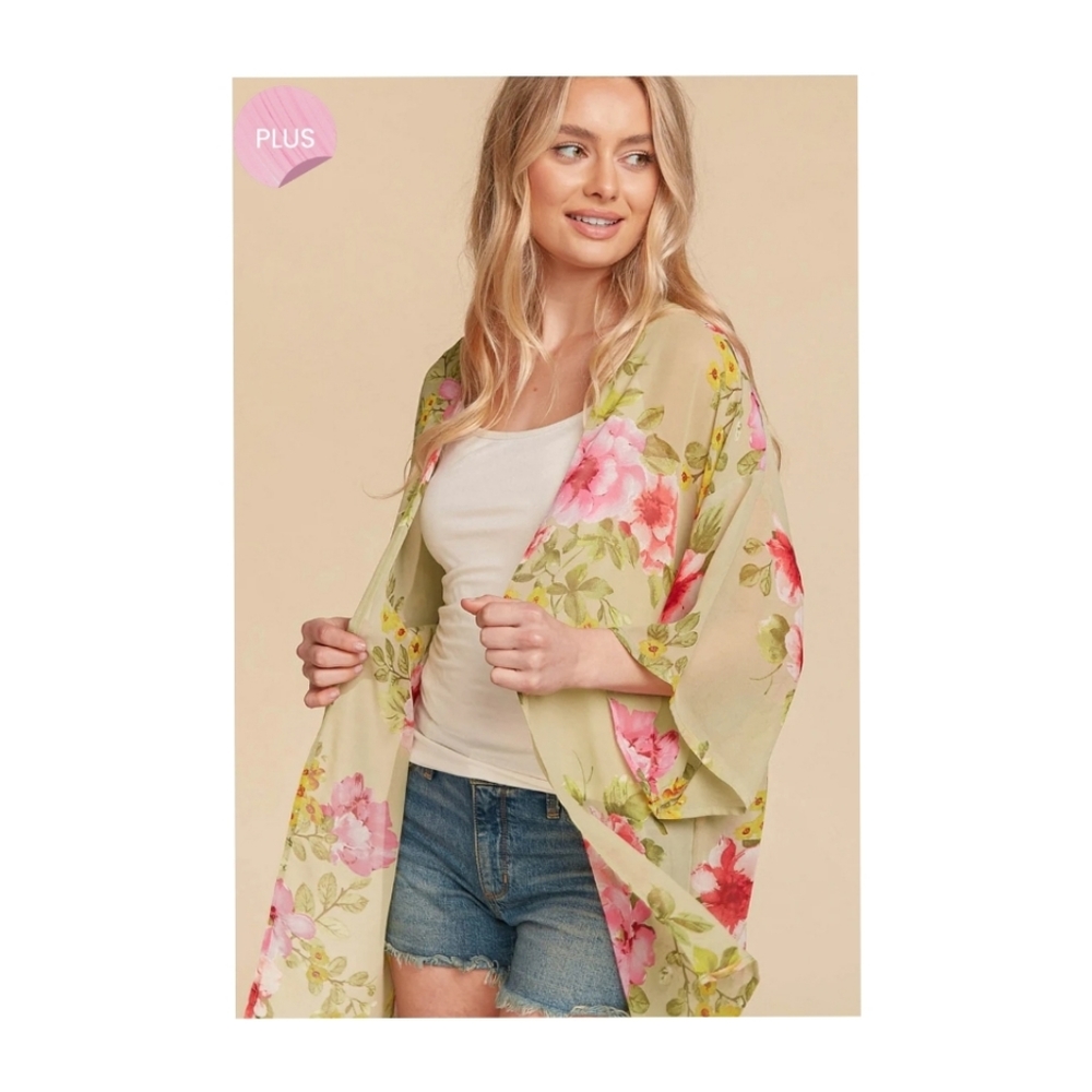 NEW SAGE Green FLORAL CHIFFON OPEN WOVEN KIMONO Cover Up Plus nwot